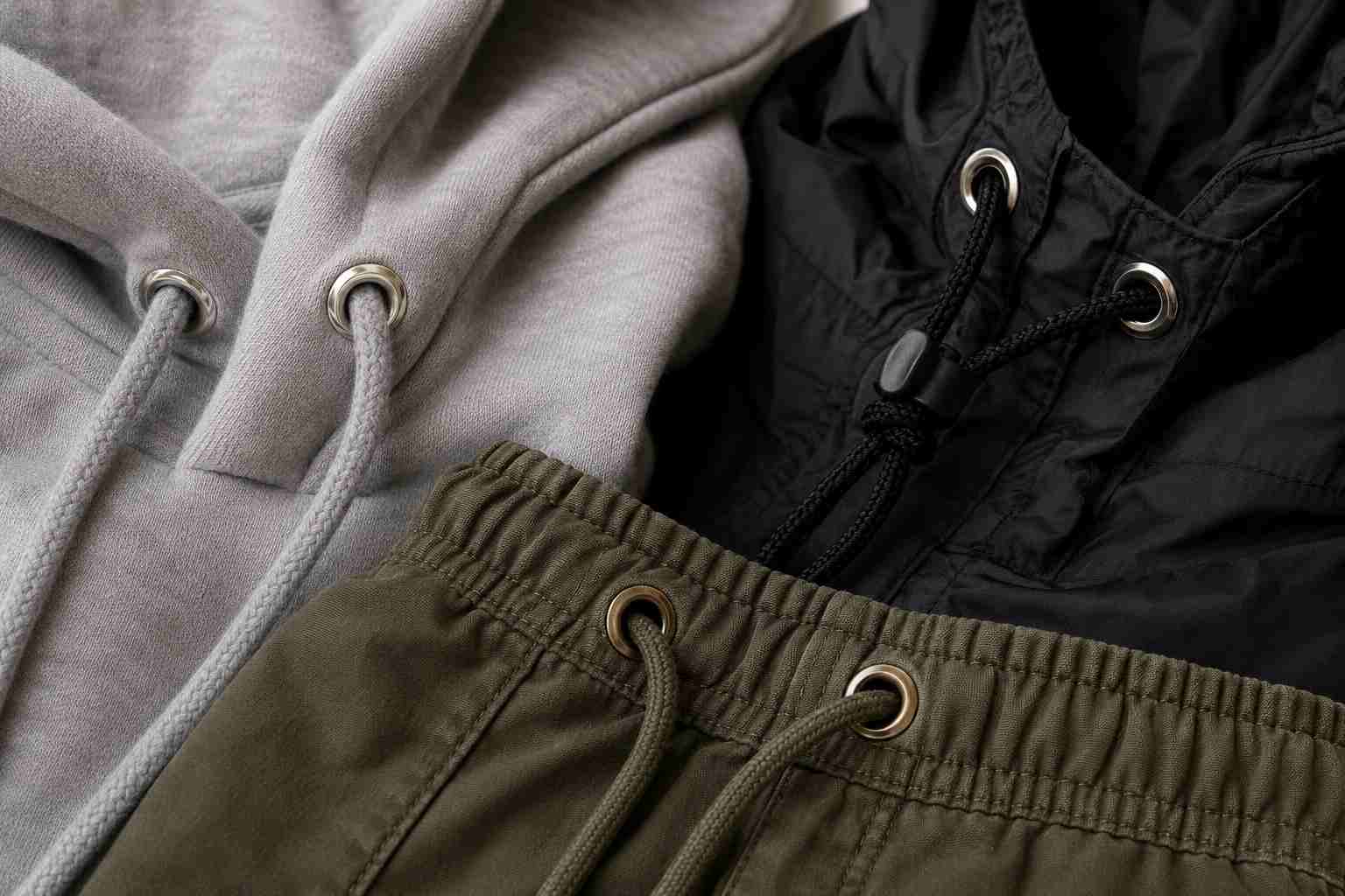 Metal grommets installed on hoodies, jackets and drawstring garments for cord reinforcement
